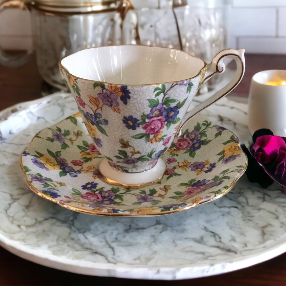 Royal Standard Fine Bone China England Gold Trim Floral Cup and Saucer